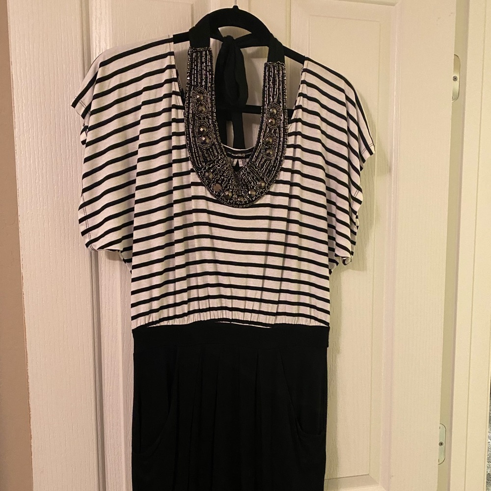 2B BEBE Striped Dress With Bib Necklace Attached
